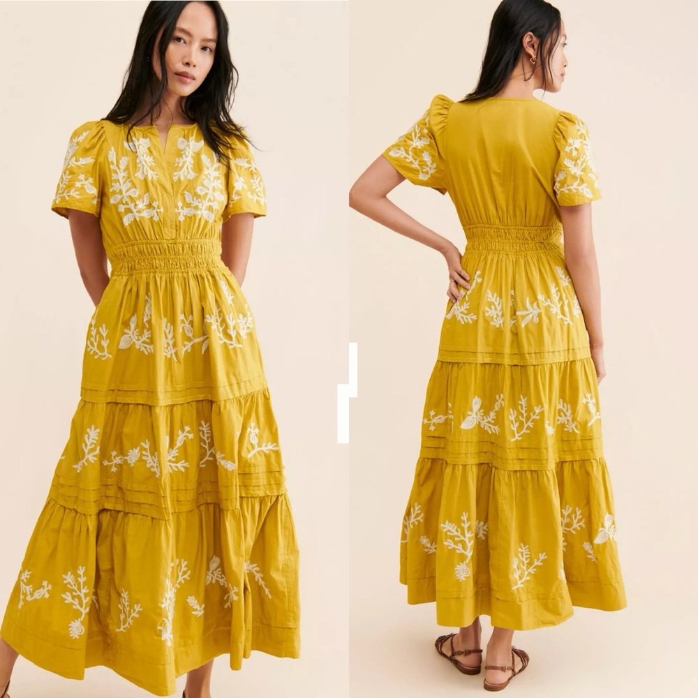 Anthropologie Mustard Yellow Embroidered Maxi Dress